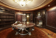 Tasting room with fireplace, marble table, wine glass shelves Tasting room with marble table