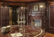 Tasting room with fireplace, marble table, inlaid parquet and decorative panels Tasting room with fireplace