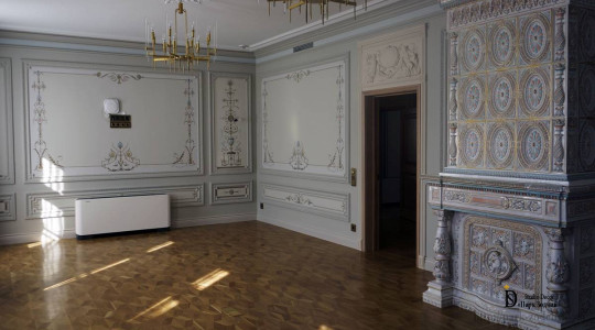 Гостиная с декоративной печью с изразцами