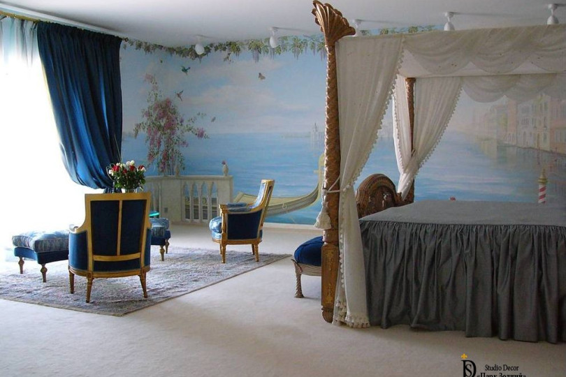 In the bedroom, voluminous painting, light arrangement of furniture brought an exquisite charm to the place for rest and sleep Bedroom with a painting in the form of a lagoon on the wall