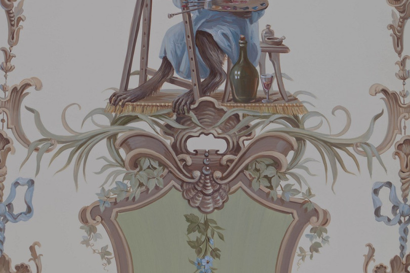 Fragment of painting by Chinoiserie in the style of Louis XV Alfrey animalistic wall painting