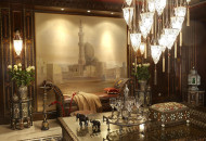 Decorated painting in the Moroccan living room The painting is done in light beige and contrasts wonderfully with the dark walls and ceiling