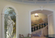 The lobby is of different height, decorated with light marble, thin stucco rods. The height of the ceiling is raised by columns of donkey marble Exquisite Column Hall