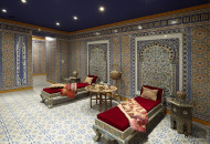 Pattern of tiles, friezes, interior items unite the recreation area and the main room of the hammam Decorative tiles in the interior of the hamam