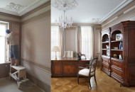 Мастер производит окраску гипсовой лепнины, чтобы подчеркнуть строгую геометрию классического стиля кабинета Декор для интерьера в СПб