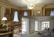 The living room has been transformed thanks to the decoration with plaster moldings, gilding of various interior elements, furniture, mirrors Rich decoration of a classic living room