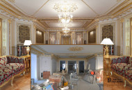 Refined gilding of stucco details, painting of architectural mirrors emphasized the interesting forms of the room, made them more comfortable and majestic Ceiling painting in a classic interior