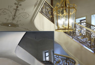 The complex staircase was beautifully decorated with decorative painting, forged elements and a magnificently beautiful chandelier Decorating the living room with alfrey painting