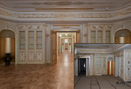 The master's large hall was decorated by parquet flooring with artistic parquet, which emphasized the grandeur of the home and combined it with other premises Rich decoration of a classic living room