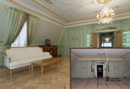 The master's large hall was decorated by parquet flooring with artistic parquet, which emphasized the grandeur of the home and combined it with other premises Gilding stucco and parquet in the interior
