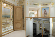 Bathroom decoration with classical painting, gilding of plaster stucco molding, pilasters and magnificent mosaics Gilding stucco and parquet in the interior