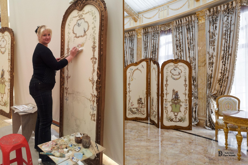 Художник расписывает декоративную ширму, которая в итоге украсила большую классическую гостиную Декор для интерьера в СПб
