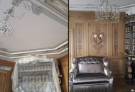 The complex staircase was beautifully decorated with decorative painting, forged elements and a magnificently beautiful chandelier Ceiling painting in a classic interior