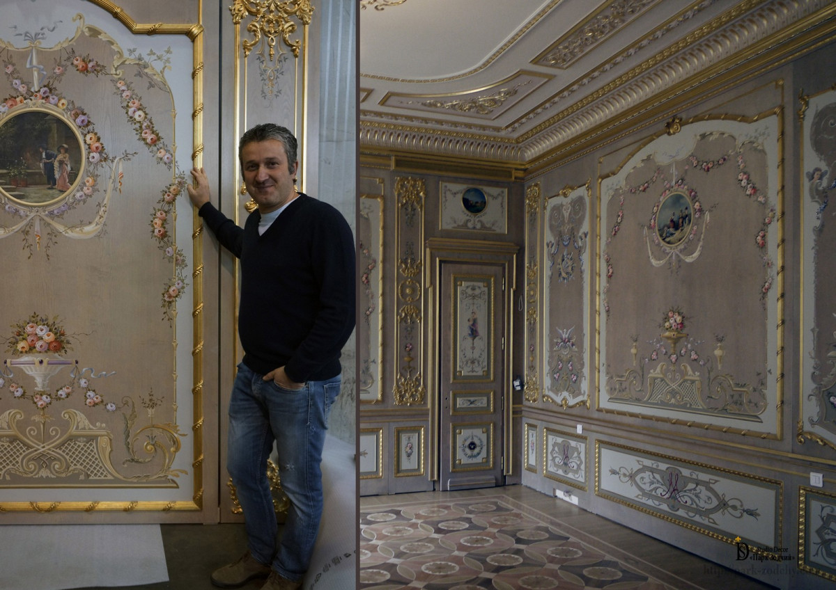 Необычный эффект дает фрагментарная позолота подобного карниза.