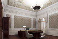 Декорирование кабинета Классический интерьер кабинета оформлен росписью в мягких светлых тонах