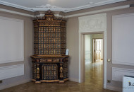 Walls decorated with elegant plaster moldings in the interior of a bright living room walls decorated with plaster stucco