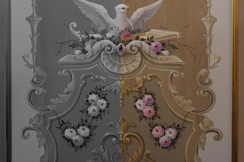 Фрагмент деревянного панно Роспись стен из дерева